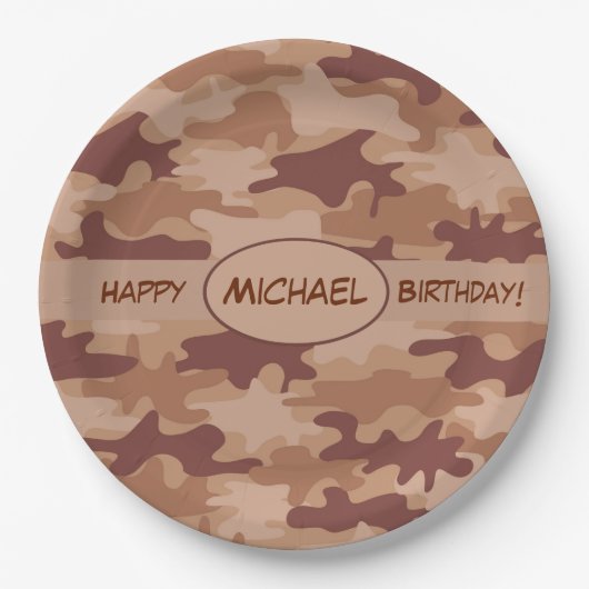Brown Camouflage Happy Birthday Name Personalisier Pappteller (Vorderseite)