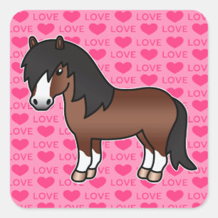 Brown Cartoon Shetland Pony Liebe Herz Quadratischer Aufkleber