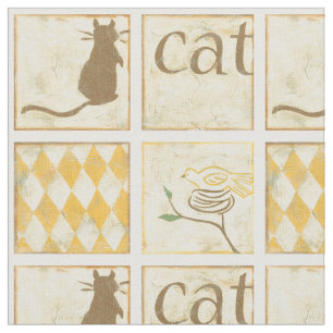 Brown Cat and Yellow Bird by Chariklia Zarria Stoff