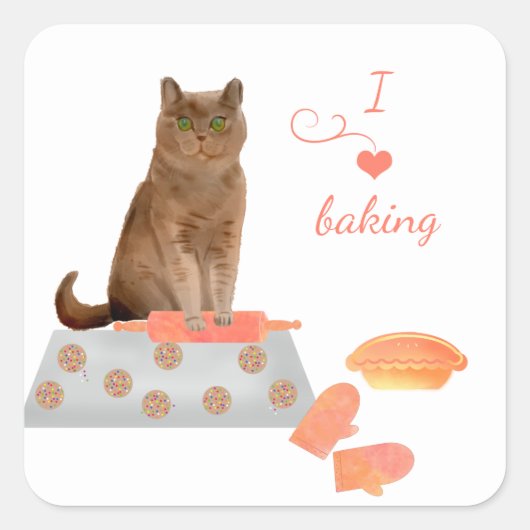 Brown Cat Backkost und Kuchen Quadratischer Aufkleber (Vorderseite)