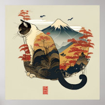 Brown Cat mit Mount Fuji Poster