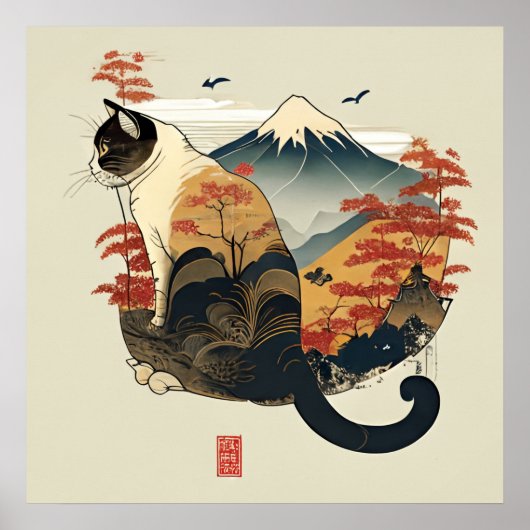 Brown Cat mit Mount Fuji Poster (Vorne)