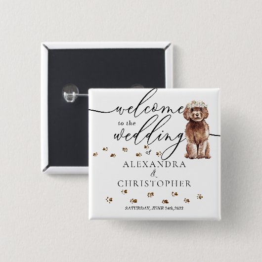 Brown Cavapoo Dog Willkommen in der Hochzeitsfeier Button (Vorne & Hinten)