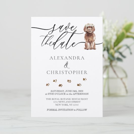 Brown Cavapoo Welpe Wedding Calligrafy Skript Save The Date (Stehend Vorderseite)