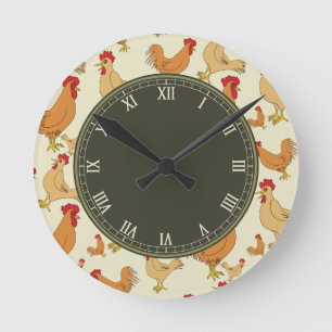 Brown Chicken and Roosters Roman Numbered Runde Wanduhr