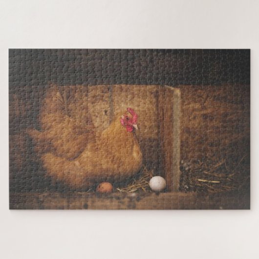 Brown chicken laying eggs puzzle (Horizontal)