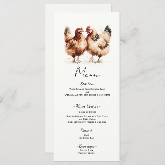 Brown Chickens Watercolor Country Wedgemenü Menükarte (Vorne/Hinten)