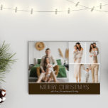 BROWN Christmas Elegante 4 Collage Foto Feiertagskarte<br><div class="desc">Mit dieser Weihnachtskarte mit einem einfachen, minimalen und sauberen Design, die das ganze Jahr über die Highlights Ihrer Familie bietet, teilen Sie sich die Weihnachtskarte. An der Vorderseite befindet sich eine moderne Kollage aus vier Fotos, gepaart mit dem festlichen Gruß "Frohe Weihnachten" in einem eleganten Serif-Schriftart über eine intensiv schokoladenbraune...</div>