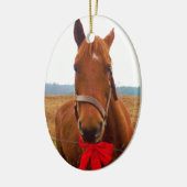 Brown Christmas Horse and Red Bow Keramik Ornament (Links)