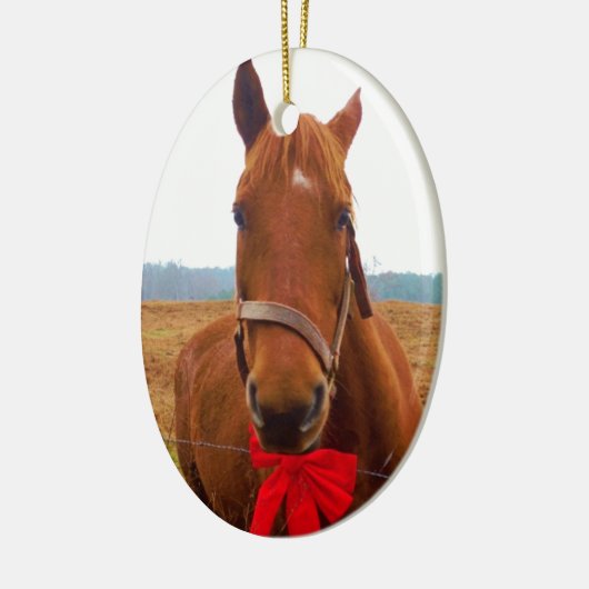Brown Christmas Horse and Red Bow Keramik Ornament (Links)
