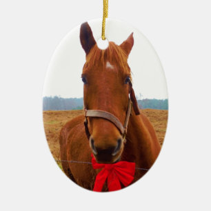 Brown Christmas Horse and Red Bow Keramik Ornament