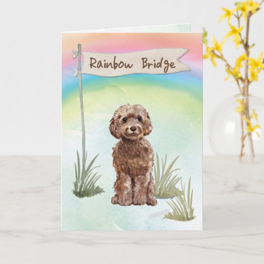 Brown Cockapoo Beileid über Regenbogenbrücke Karte (Gelbe Blume)