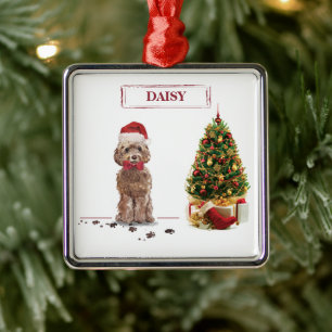 Brown Cockapoo Funny Christmas Dog and Tree Ornament Aus Metall
