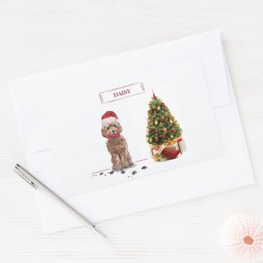 Brown Cockapoo Funny Christmas Dog and Tree Rechteckiger Aufkleber (Umschlag)