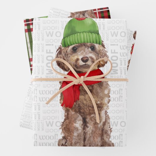 Brown Cockapoo Weihnachtshund Kariert Geschenkpapier Set (Beispiel)