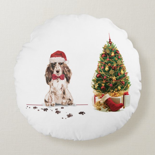 Brown Cocker Spaniel Funny Christmas Dog mit Baum Rundes Kissen (Vorderseite)