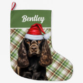 Brown Cocker Spanisch Green Kariert mit Hundenname Großer Weihnachtsstrumpf (Vorderseite)