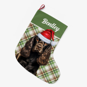 Brown Cocker Spanisch Green Kariert mit Hundenname Großer Weihnachtsstrumpf
