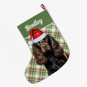 Brown Cocker Spanisch Green Kariert mit Hundenname Großer Weihnachtsstrumpf (Rückseite (Hängend))
