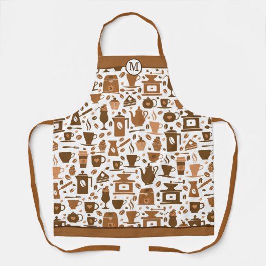 Brown Coffee Time Pattern Monogramm Schürze (Vorderseite)