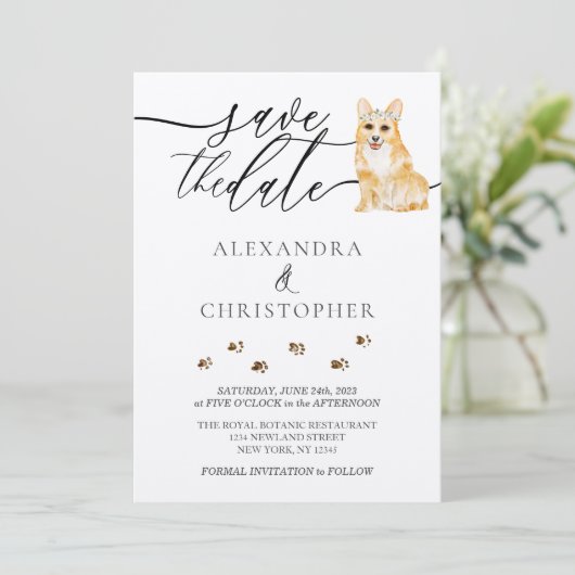 Brown Corgi Welpe Wedding Calligraphy script Save The Date (Stehend Vorderseite)