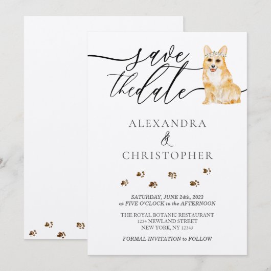 Brown Corgi Welpe Wedding Calligraphy script Save The Date (Vorne/Hinten)