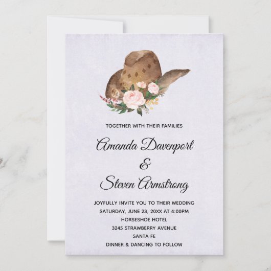 Brown Cowboy-Hut mit rosa Blume Hochzeit Einladung (Vorderseite)