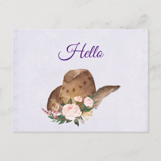Brown Cowgirl Hat mit Pink Blume Hallo Postkarte (Vorderseite)
