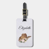 Brown Cowgirl Hut mit rosa Blume Gepäckanhänger (Vorderseite vertikal)