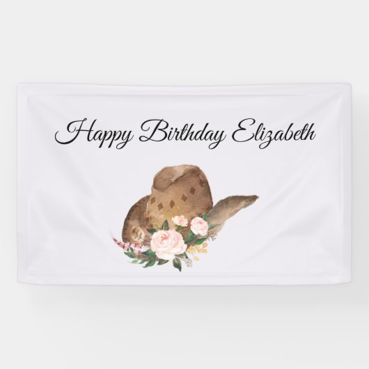 Brown Cowgirl Hut mit rosa Blume Happy Birthday Banner (Horizontal)