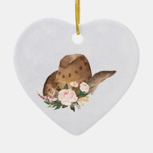 Brown Cowgirl Hut mit rosa Blume Keramik Ornament (Vorne)