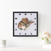 Brown Cowgirl Hut mit rosa Blume Quadratische Wanduhr (Zuhause)