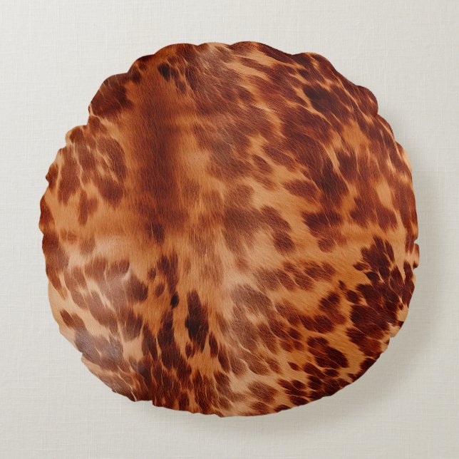 Brown Cowhide Animal Print Rundes Kissen (Vorderseite)