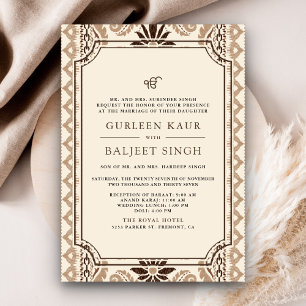 Brown Cream Beige Ikat Anand Karaj Sikh Wedding Einladung