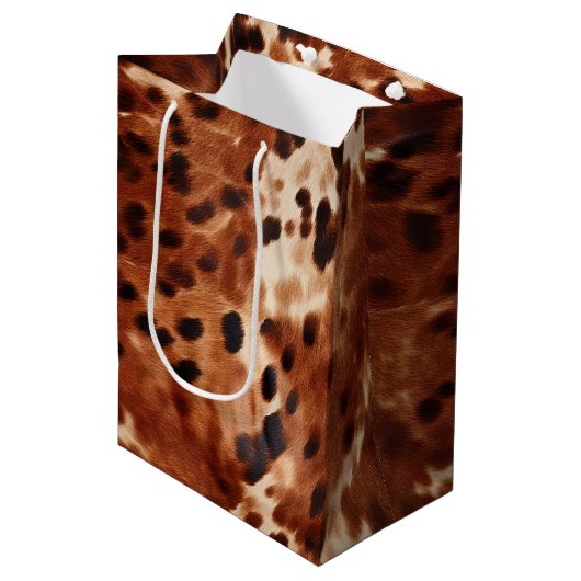 Brown Cream Black Cowhide Mittlere Geschenktüte (Vorderseite Schrägansicht)