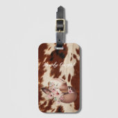 Brown Cream Cowhide Cowgirl Floral Hat Gepäckanhänger (Vorderseite Vertikal)