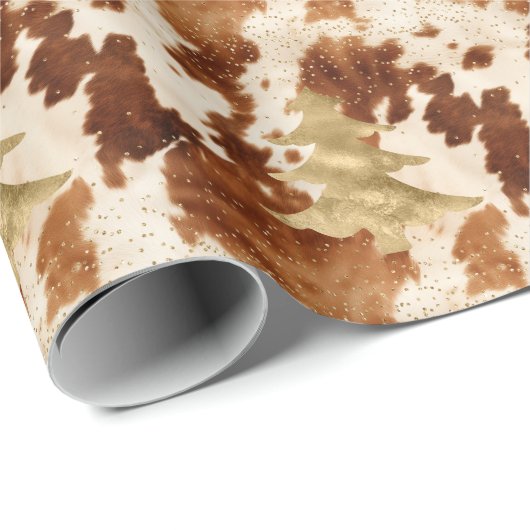 Brown Cream Cowhide Gold Confetti Christmas Tree Geschenkpapier (Rolleneckpunkt)