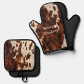 Brown Cream Cowhide Ofenhandschuh & Topflappen-Set (Vorderseite/Rückseite)