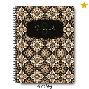 Brown Cream Floral Spanish Tile Name Monogram Notizblock