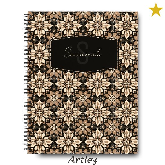 Brown Cream Floral Spanish Tile Name Monogram Notizblock