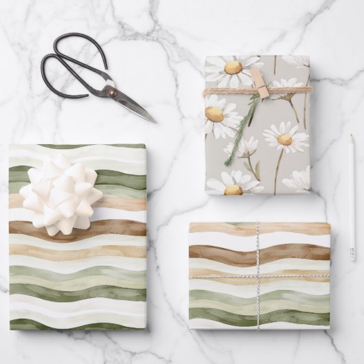 Brown Cream Green Stripes Daisies Birthday Geschenkpapier Set (Vorderseite)
