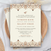 Brown Cream Ikat Anand Karaj Sikh Wedding Einladung