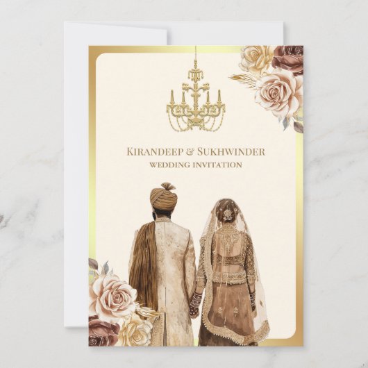 Brown Cream Rose Floral Anand Karaj Sikh Wedding Einladung (Vorderseite)