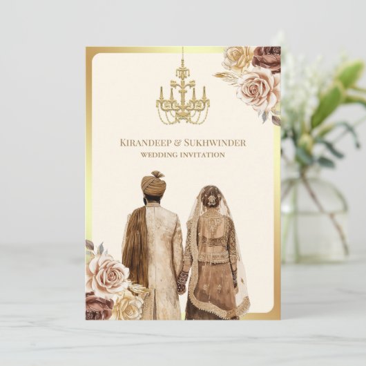 Brown Cream Rose Floral Anand Karaj Sikh Wedding Einladung (Stehend Vorderseite)