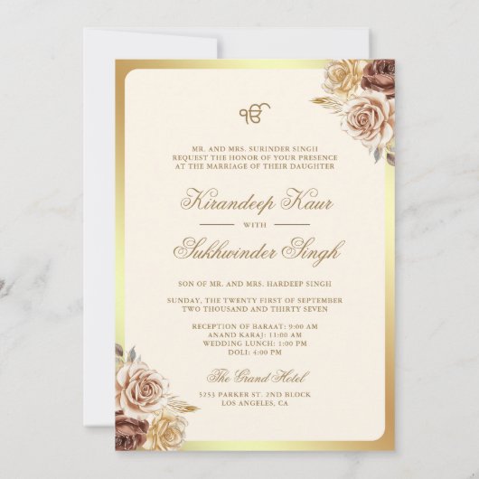 Brown Cream Rose Floral Anand Karaj Sikh Wedding Einladung (Rückseite)