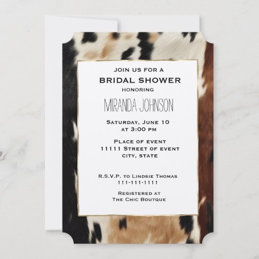 Brown Cream Western Cowhide Brautparty Einladung (Vorderseite)