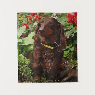 Brown Dachshund Sitting In The Garden With Flower Wandteppich