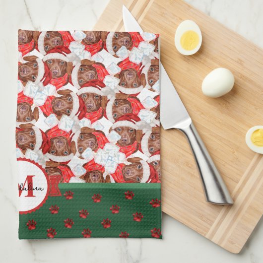 Brown Dackel Muster Monogram Christmas Dog Geschirrtuch (Viertel Falte)