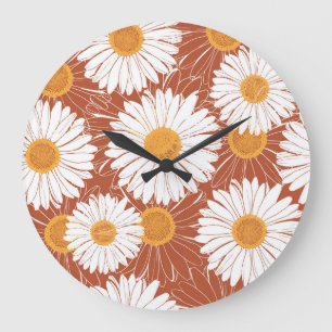 Brown Daisis: Muster nahtloser Blume Große Wanduhr