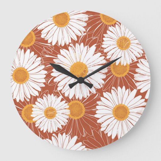 Brown Daisis: Muster nahtloser Blume Große Wanduhr (Vorderseite)